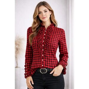 Vintage Almsach Women's Red Black Ruffle Trachten Blouse Lace Up Back Cotton S